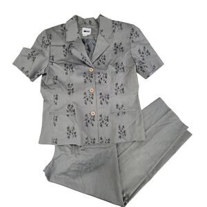 Leslie Fay Gray Floral 2 Piece Set Size 10 Button Up Top Pants Vintage